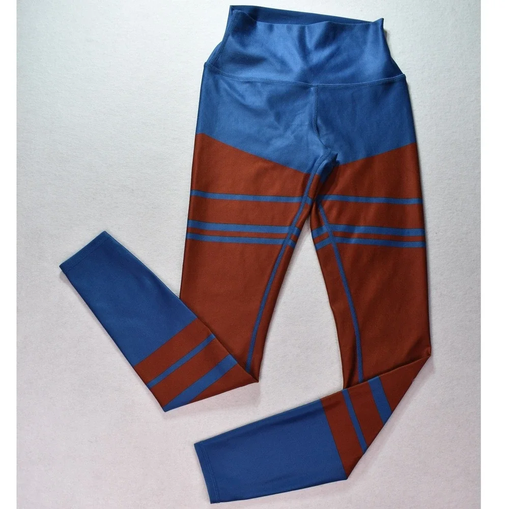 Alo Yoga High Waist Colorblock Striped Leggings Blue Rust Orange Small